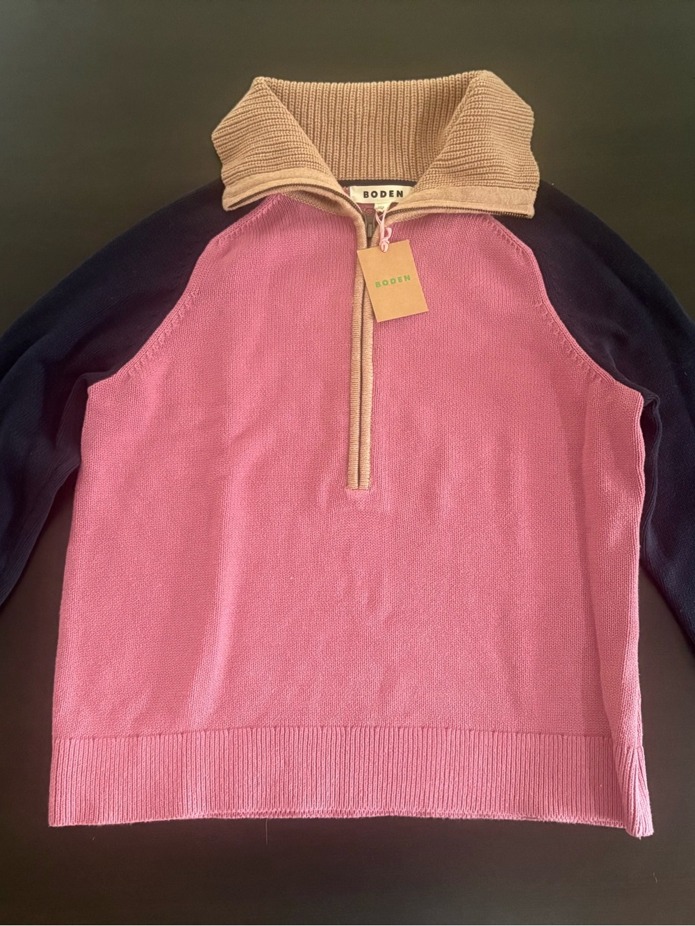 Boden sweater NWT M half zip sweater. Pink/navy/tan, cotton, Current!